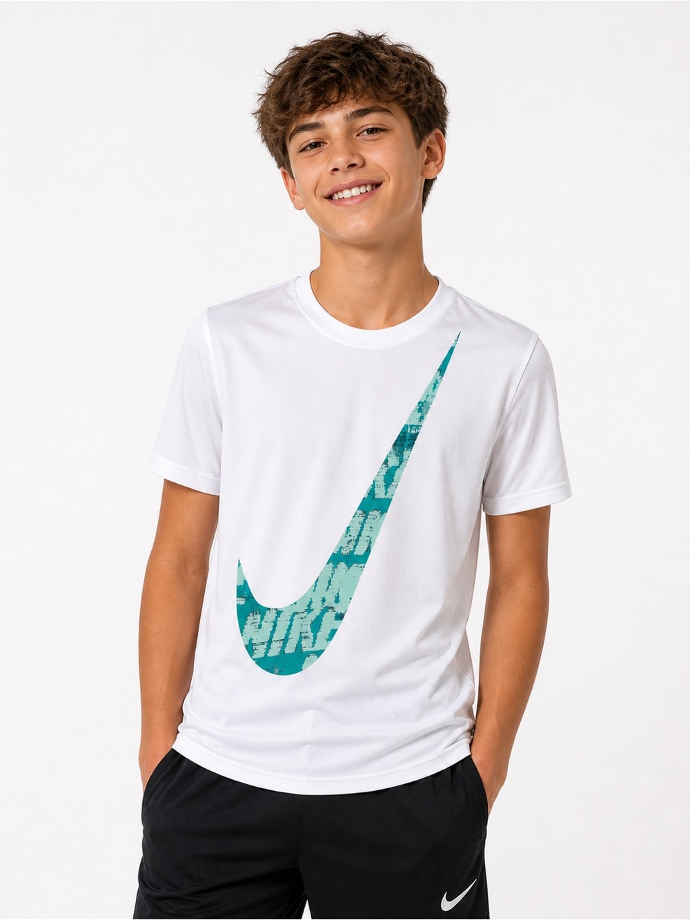 Nike White Short Sleeve Tee with Teal Graphic Swoosh